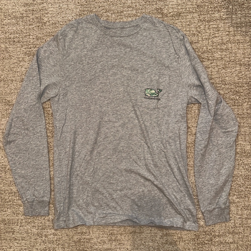 Vineyard Vines Gray Long Sleeve Shirt- Camo Whale Graphic